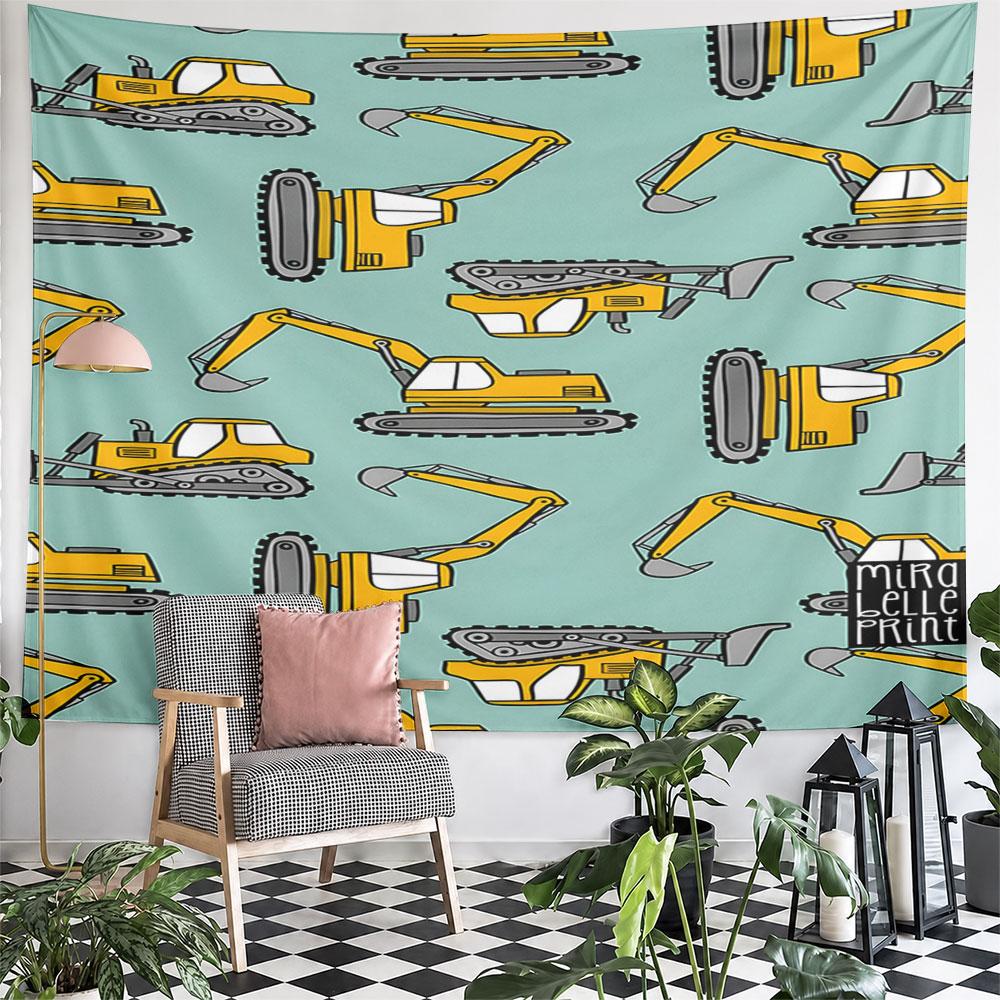 Yellow Excavators Pattern On Green Background Pattern Wall Hanging Tapestry Decorative Tapestry Home Decor for Bedroom and Living Room