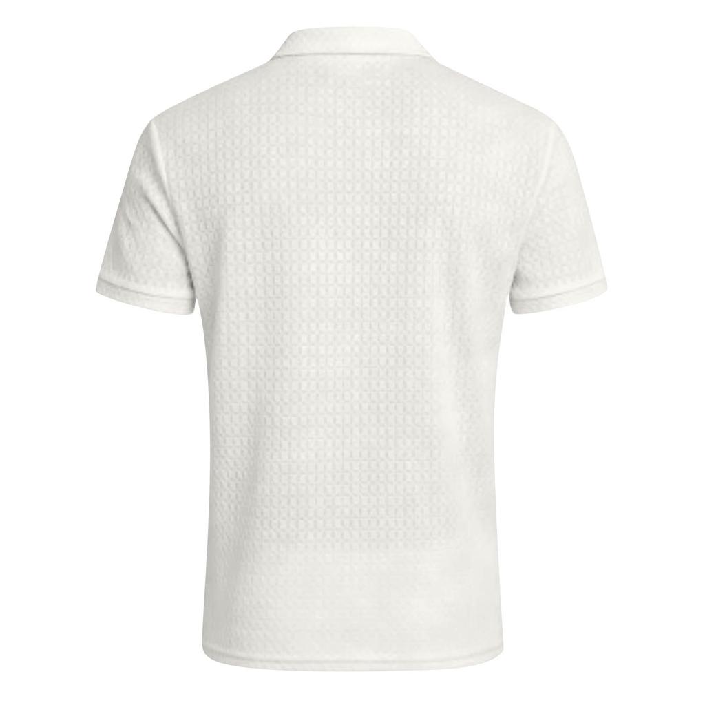 Men's New High-End Nylon Stretch Lapel Zipper Short Sleeve Plaid Casual Sports Golf Shirt