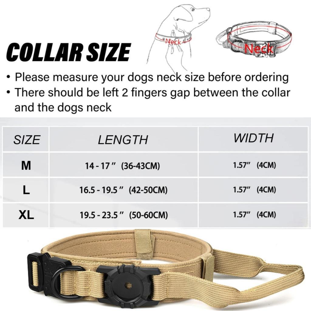 Adjustable with AirTag Holder Tactical Dog Collar, Comfortable Padded and Handle Metal Buckle GPS Collar for Medium Large Dogs