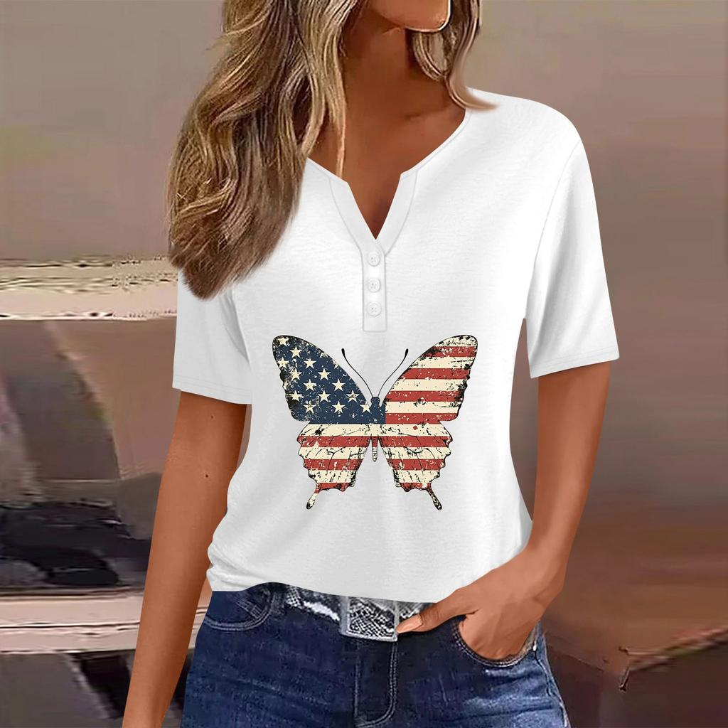 Women's T Shirt Tee Independence Day Print Button Short Sleeve Daily Weekend Fashion Basic V-Neck Regular Top