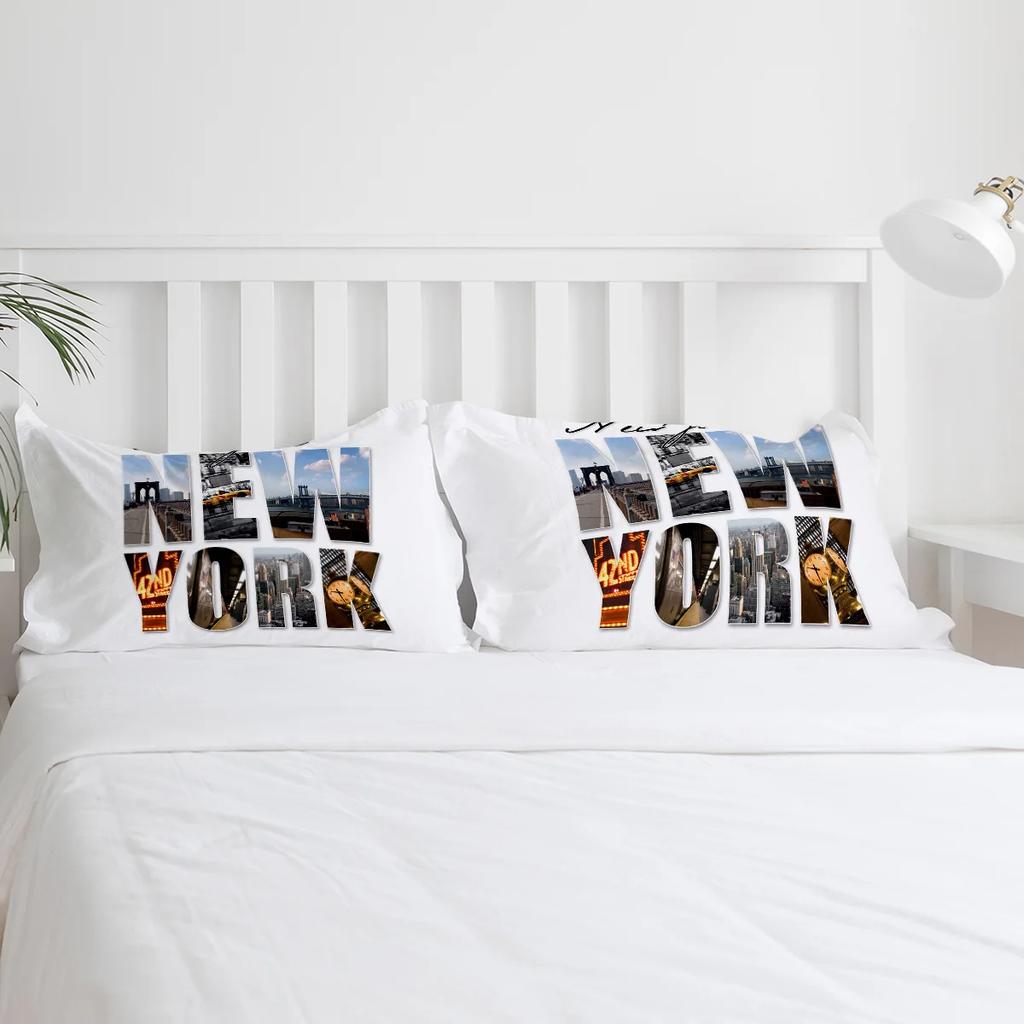 New York Engelsk Text Landskap Påslakan Med Örngott Anpassad 3-delars Sängklädesset Täcke Dubbelsäng Hemtextil