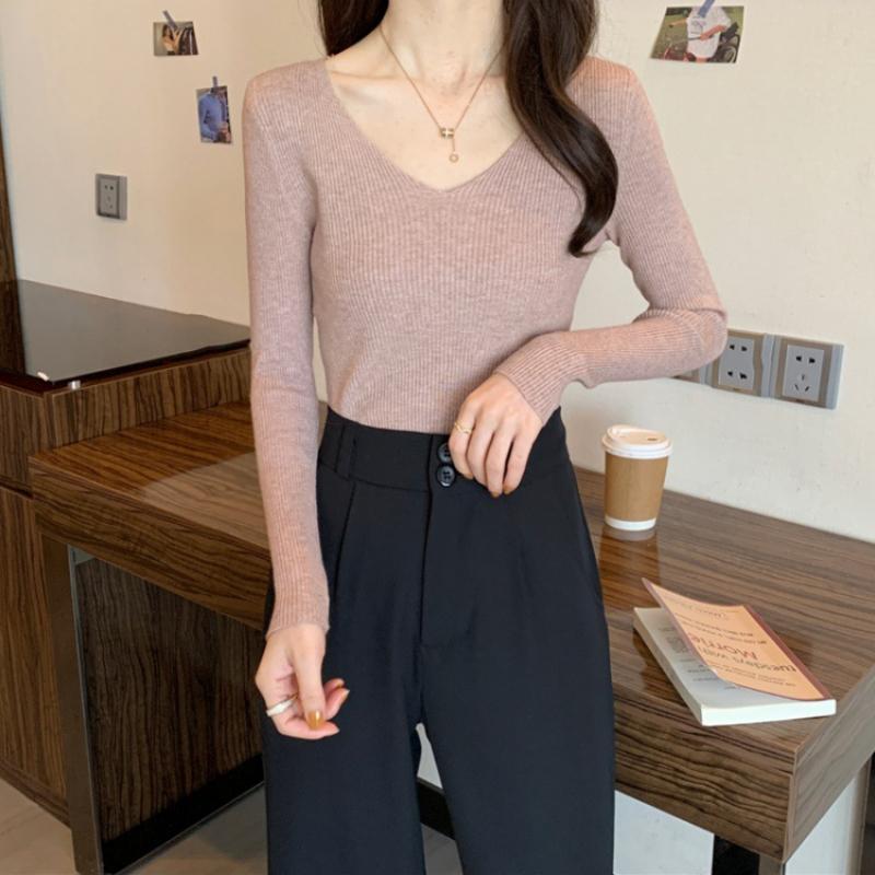 Frühlings-V-Ausschnitt Gestricktes Langarm Slim Fit Warmes Unterhemd Retro Pullover für Damen