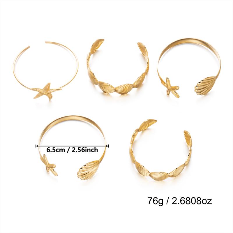 5 Pcs/Set Summer Gold Color Adjustable Open Bangles for Women Classic Shell Starfish Cuff Bracelet Girls Beach Party Jewelry