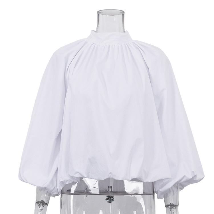 women s mock neck long puff sleeve tie back loose fit solid cotton blouse casual shirt top S белый