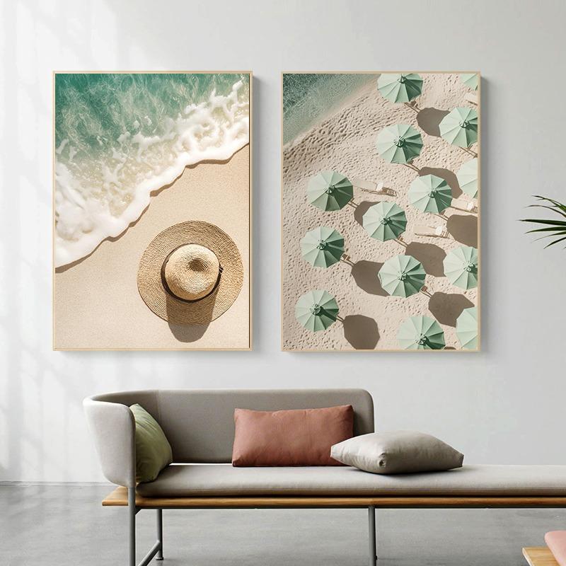 Sailing Sunset Beach Bed Santorini Surfboard Umbrellas Poster Canvas Painting Print for Living Room Home Decoration Cuadros