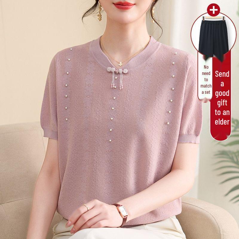 Schickes Sommer-Eis-Seiden-Qipao-Kragen Kurzarm Zweiteiler für mittelalte und ältere Frauen - Strick-T-Shirt-Oberteil in Übergröße