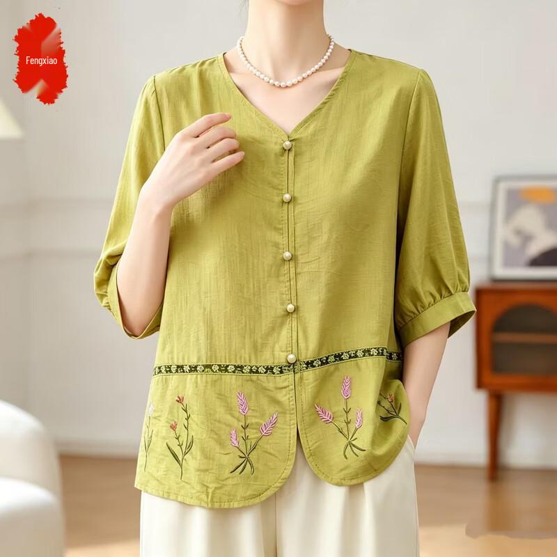 Women s Retro Embroidered V-Neck Shirt 3XL