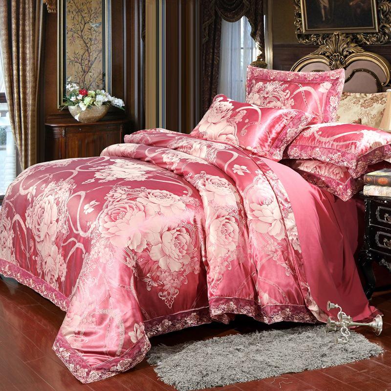 European Satin Jacquard Bedding Set - Lace-Trimmed, 4-Piece Set
