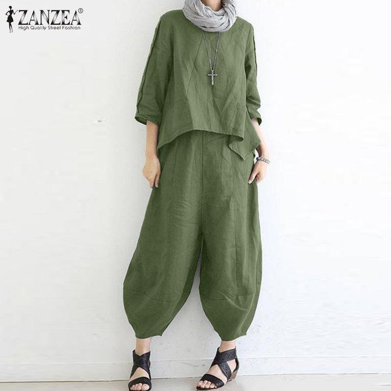 

ZANZEA Женская мода Хлопковые наряды 3/4 Рукав Блузка и брюки Летний костюм Две части Комплект