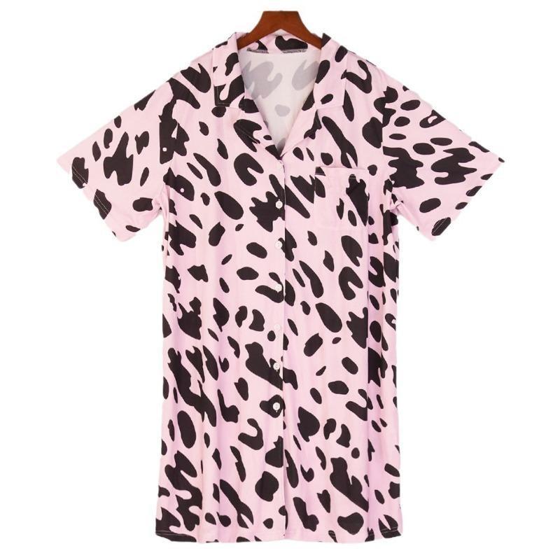 Dámská letní klopa Cardigan Noční košile s leopardím vzorem Pyžamo s krátkým rukávem