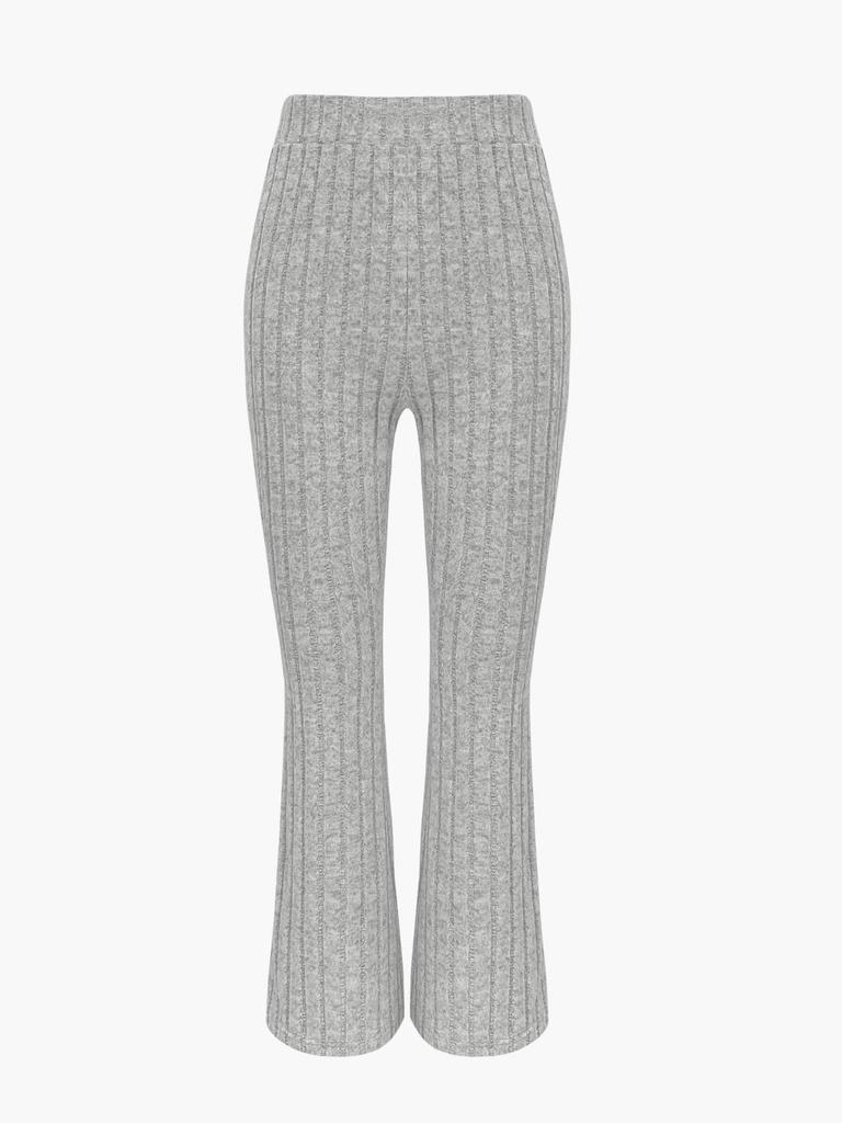 Damen einfarbiges geripptes Zweiteiler-Set: Reißverschluss-Cardigan-Top & High-Waist-Schlaghosen-Anzug für Herbst/Winter.