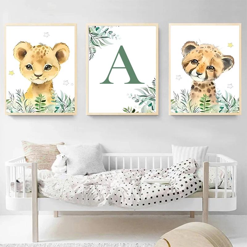 Forest Baby Personalized Name Green Canvas Painting Cartoon Animals Poster Children's Bedroom Wall Art Print Picture Room Decor