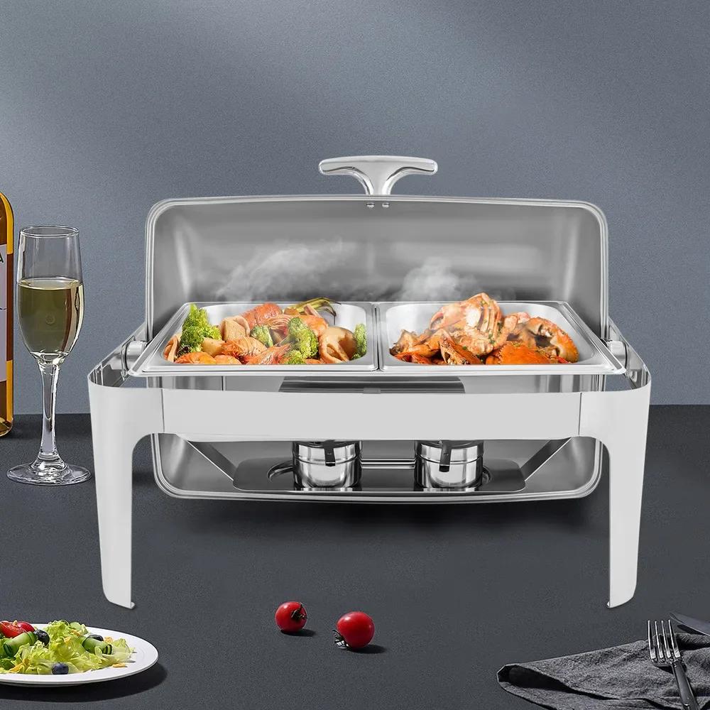 Bymaocar 9L Stainless Steel Rectangle Chafer Roll Top Chafing Dish Buffet Set Food Warmer W/2*Alcohol Stoves Two Heating Methods