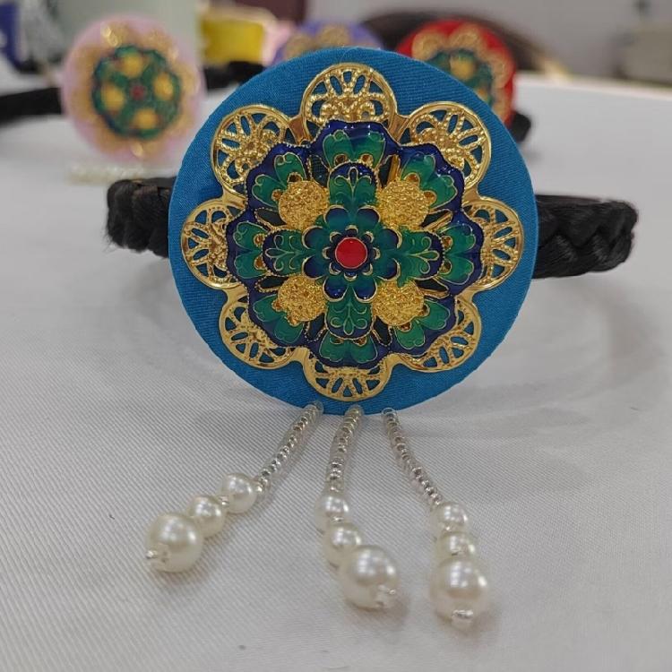 Blue Glaze Pearls Korean Hair Hoop Traditional Headband for Stage Shows and Ethnic Festivals Handmade Hair Accessories