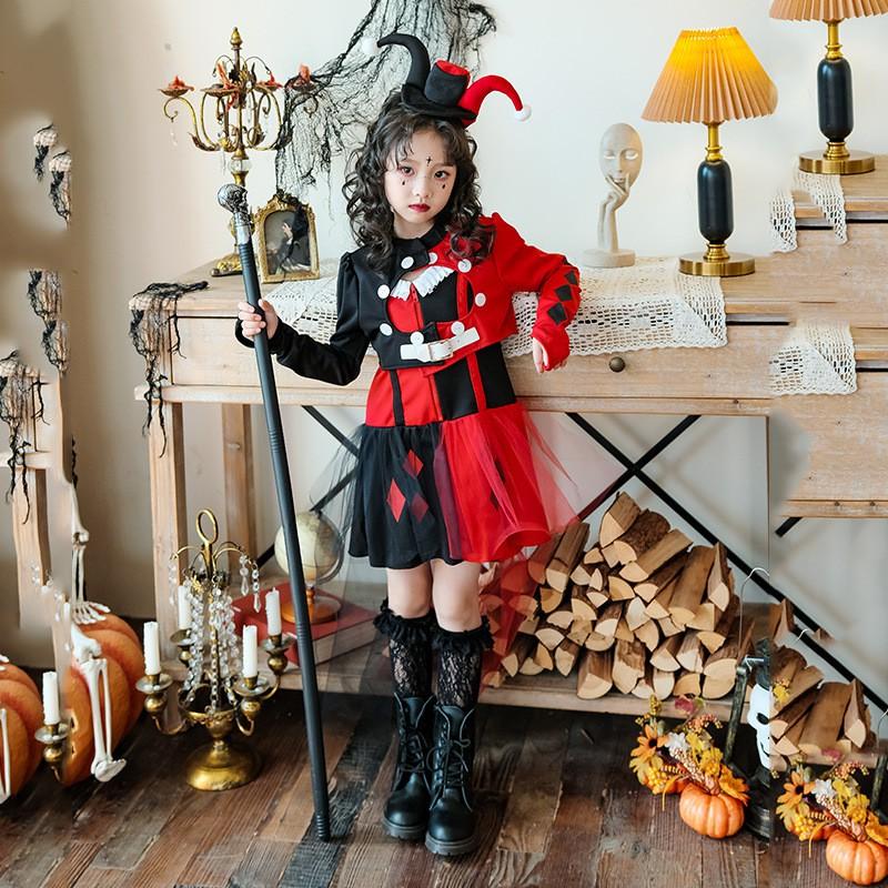 Halloween Kids Costume Girls Circus Clown Harley Quinn Dress Set With Headband Jacket Skirt