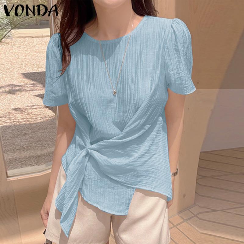 VONDA Women Casual Short Sleeve Solid Semi-Sheer Side Twisted Loose Blouse