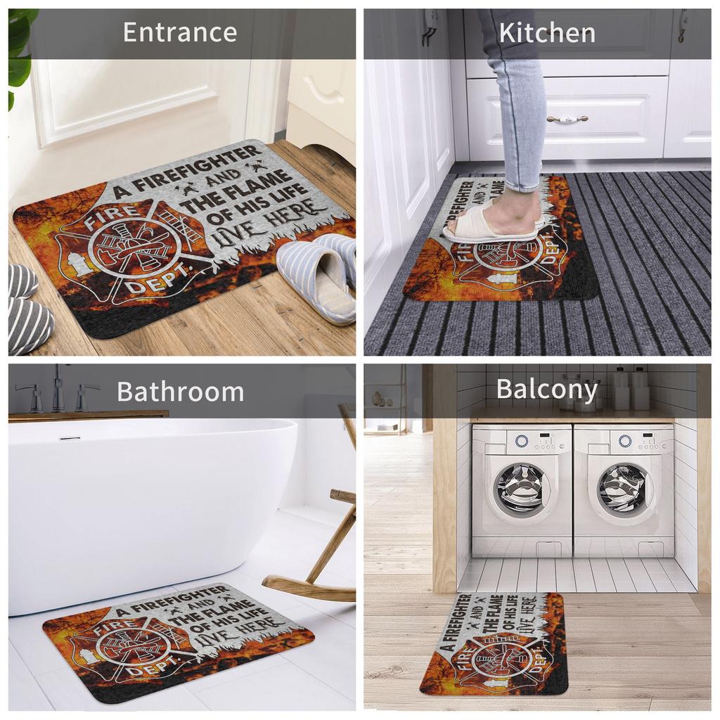 A Firefighter And The Flame Of His Life Live Here Doormat Anti-Slip Entrance Kitchen Door Floor Mat Toilet Rug Carpet Footpad