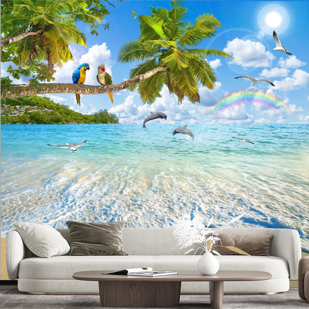 Scenery Beach Wallpaper Parrot Dolphin Beach Wall Mural Sea View Mural