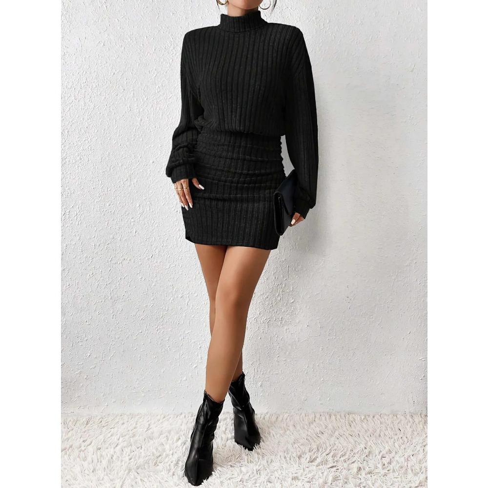 Women's Autumn Winter Fashion High Neck Knitted Sweater Dress Female Casual Solid Loose Long Sleeve Warm Mid Length Dresses