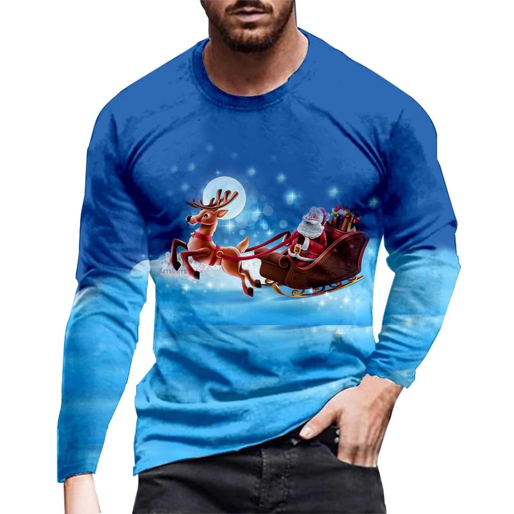 Men's Long Sleeve 3D Printed Santa Claus Cartoon Printed Tops Christmas Party Casual Men's Fashion Round Neck Long Sleeve
