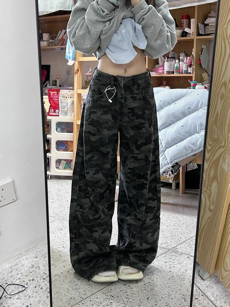 Comfortable Work Camouflage Wide-legged Jeans Female Autumn Loose Straight High-waisted Thin Trailing Trousers Jeans for Women Long Denim Pants