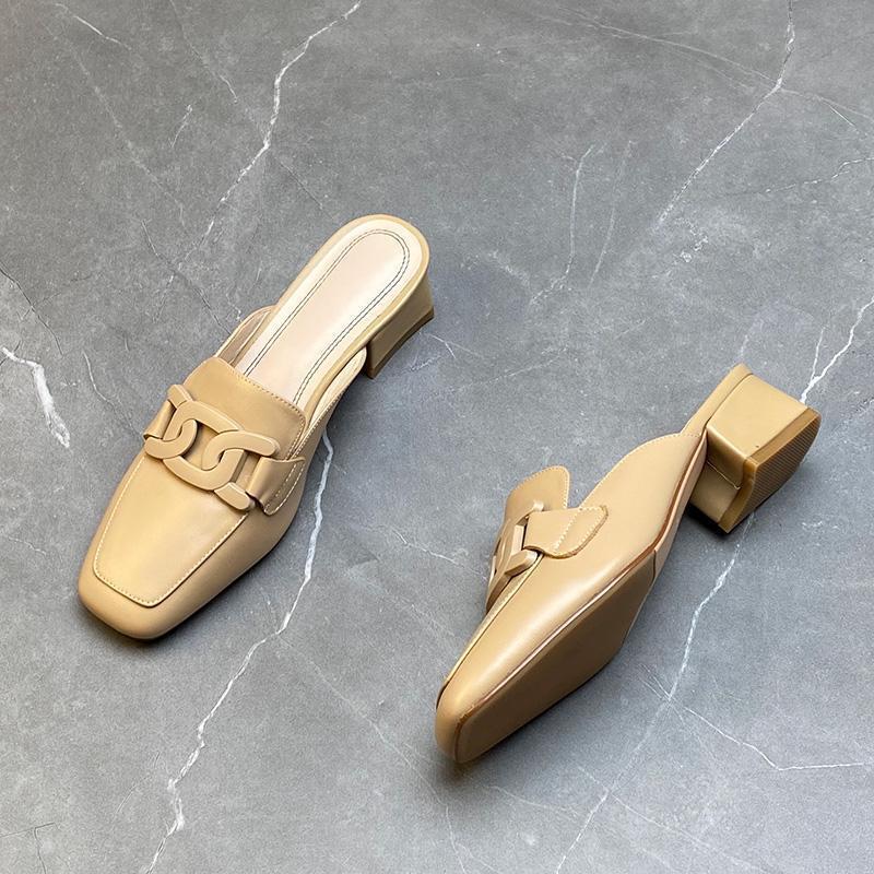 Baotou Half Slippers Muller Shoes Women's Fashion Outer Wear Lazy Middle Heel Thick Heel Women's Cool Slippers 2025 New Summer