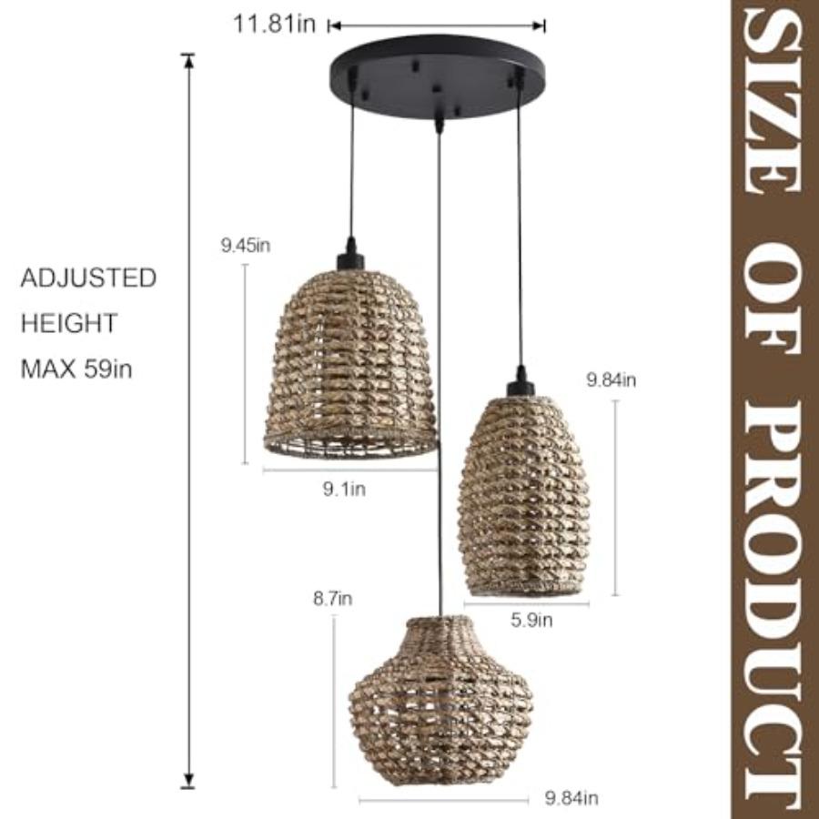 Boho Coastal Rattan Pendant Light with Hand-Woven Water Plants for Kitchen Island Living Room Bedroom Farmhouse 3-Light Ceiling
