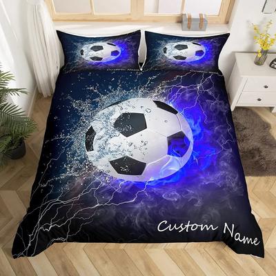 Fußball Bettbezug mit individuellem Namen für Jungen Jugendliche Blaue Flamme Fußball Bettwäsche Set Personalisierte Sport Bettdecke Bezug Schlafzimmer Deko