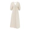 European and American Simple Casual Loose Cotton and Linen Dress Women Summer Puff sleeve V-neck Beige A- line Skirt Waist Hugging Long Skirt
