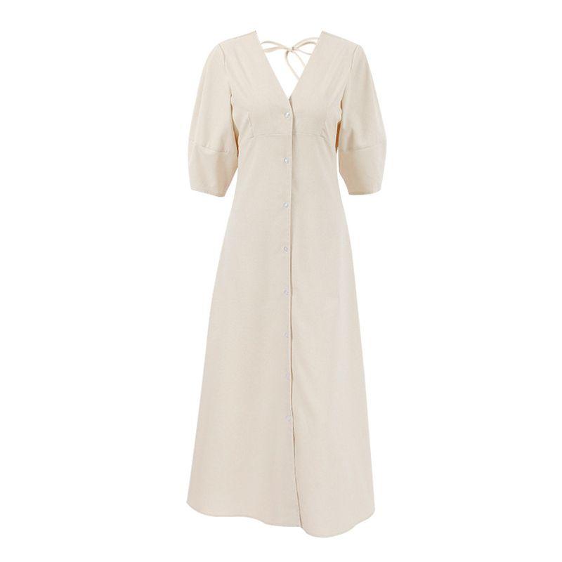 European and American Simple Casual Loose Cotton and Linen Dress Women Summer Puff Sleeve V-neck Beige A- Line Skirt Waist Hugging Long Skirt
