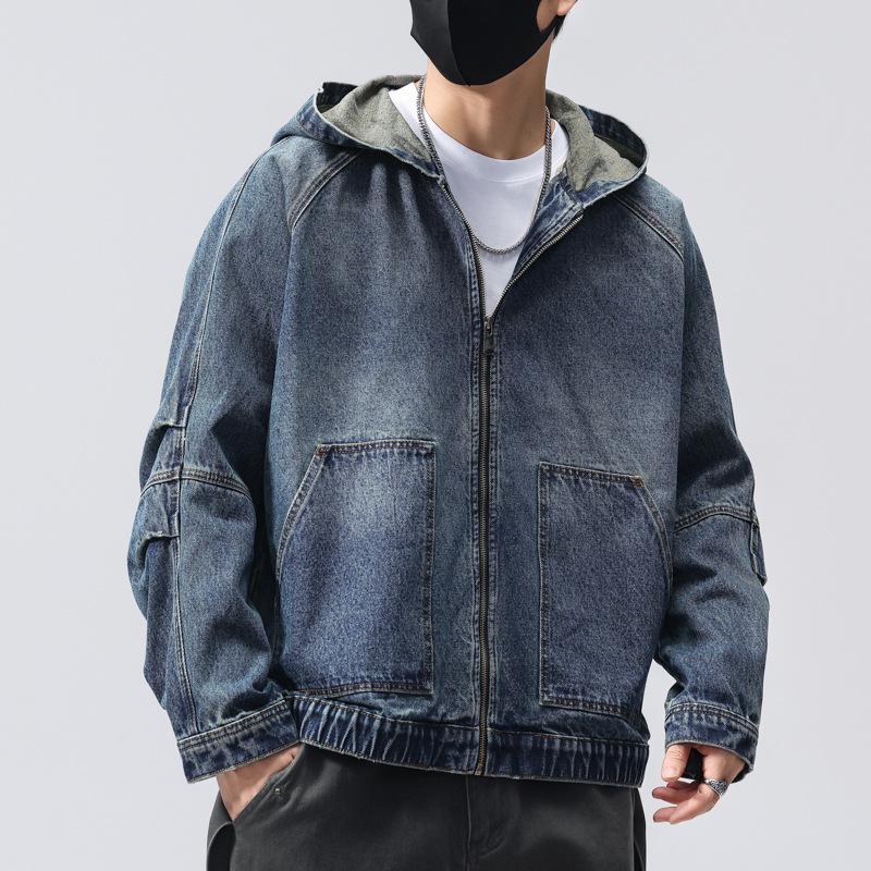 Men's Trendy Retro American Stand Collar Denim Jacket - Loose Fit, High-Quality, Solid Color for Spring and Autumn.