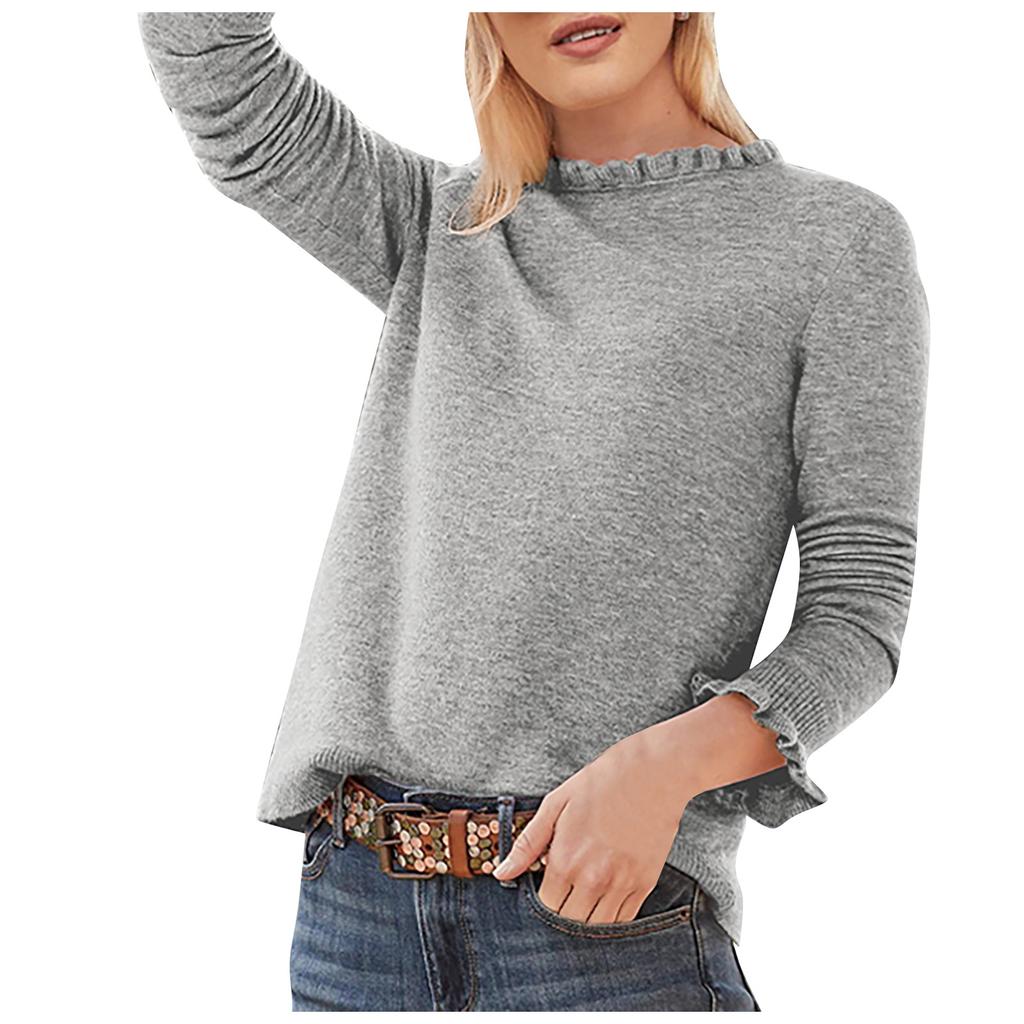 Women's Casual Color Ruffled Round Neck Loose Long-sleeved Woolen Top