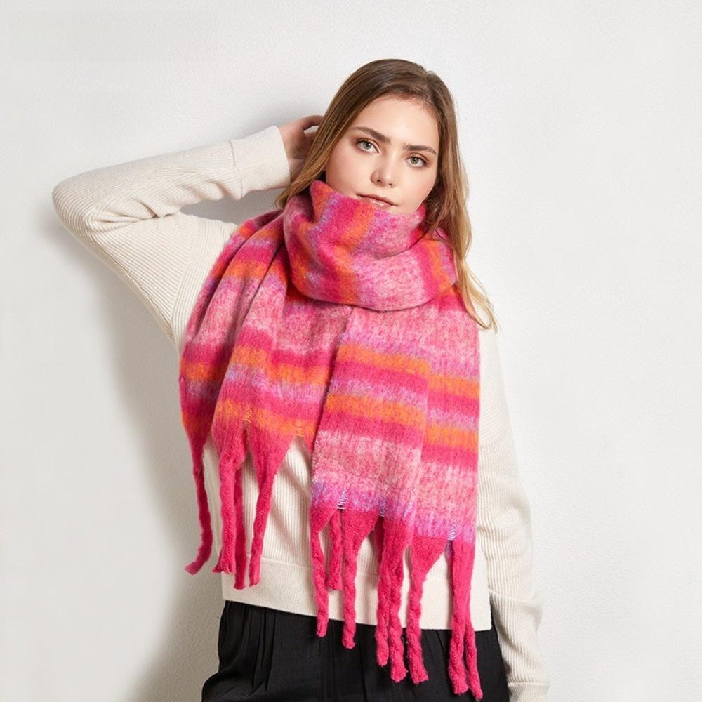 Mohair Winter Cashmere Scarves Rainbow Long Shawl Elegant Stripe Wool Scarf Student