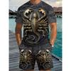 Men's Casual Dark Art Suit: O-Neck Top with Scorpion Design & Elastic Waist Shorts. Trendy Activewear for Daily Lounge