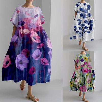 2026 Europäisches & Amerikanisches Florales Lockeres Rundhals-Hochwertiges Kurzarmkleid