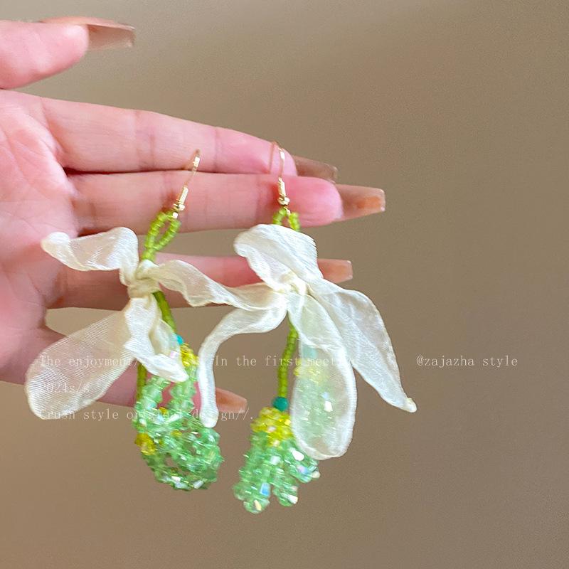 Green Island Beaded Flower Earrings: Spring Dopamine Style, Exaggerated Beach Vacation Jewelry for Women