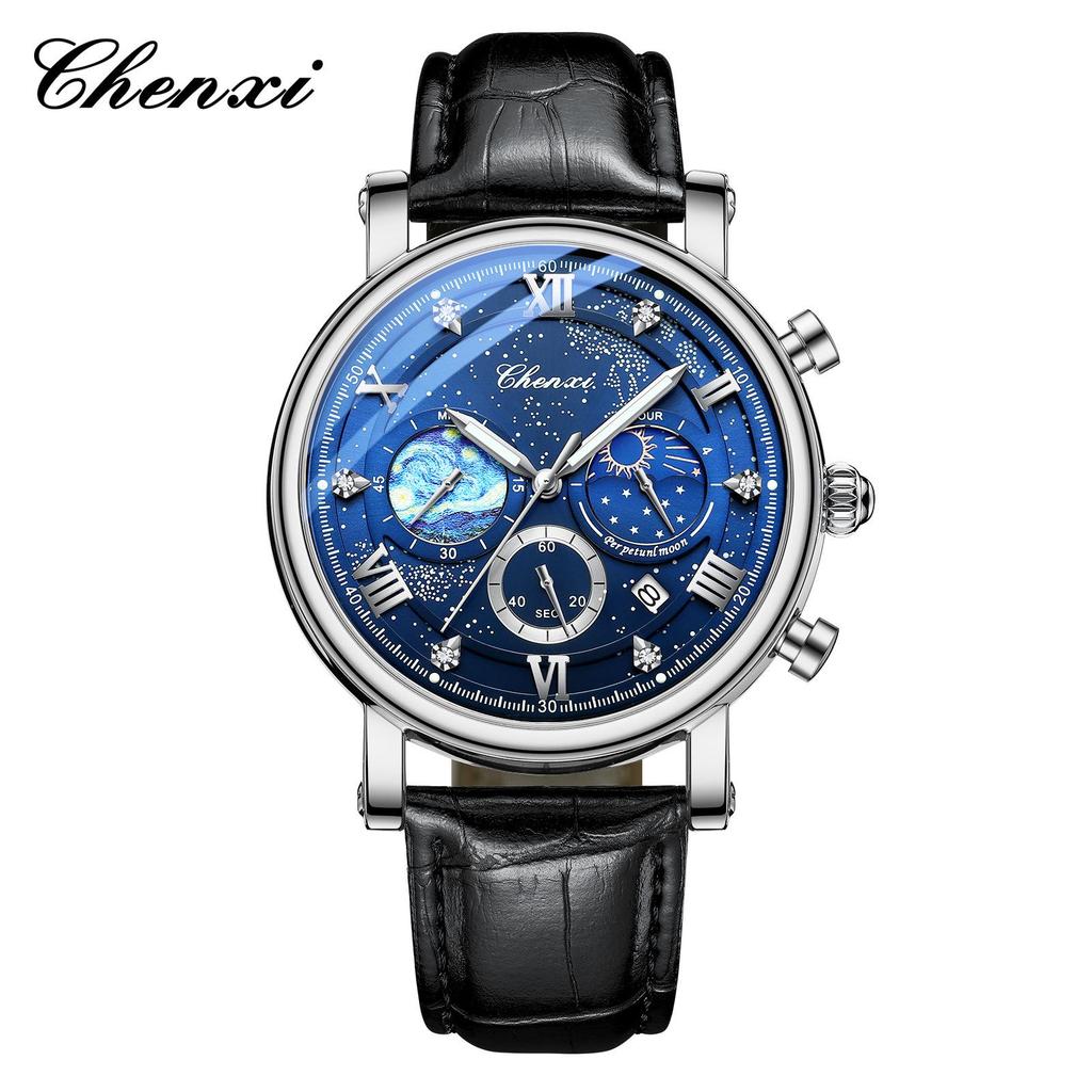 Dawn Sun Moon Stars Multifunctional Men's Quartz Watch with Luminous Moon Phase Chronograph