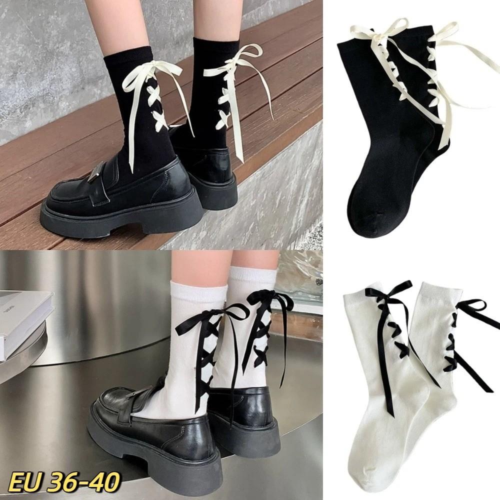 Cotton Japanese JK Bow Socks Thickened Lolita Style Cute Warm Socks Comfortable Black White Strap Bow Tie Stockings Ladies