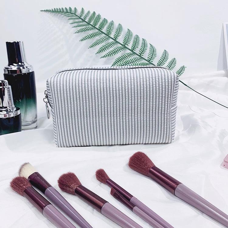 Personalized Seersucker Embroidered Striped Makeup Bag for Travel & Toiletries