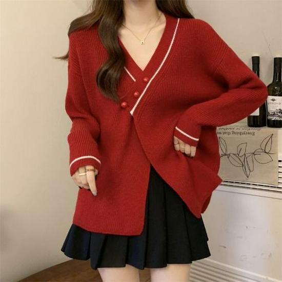 

Красный кардиган из мягкого трикотажа с V-образным вырезом: Приталенный и свободный осенне-зимний свитер One Size красный