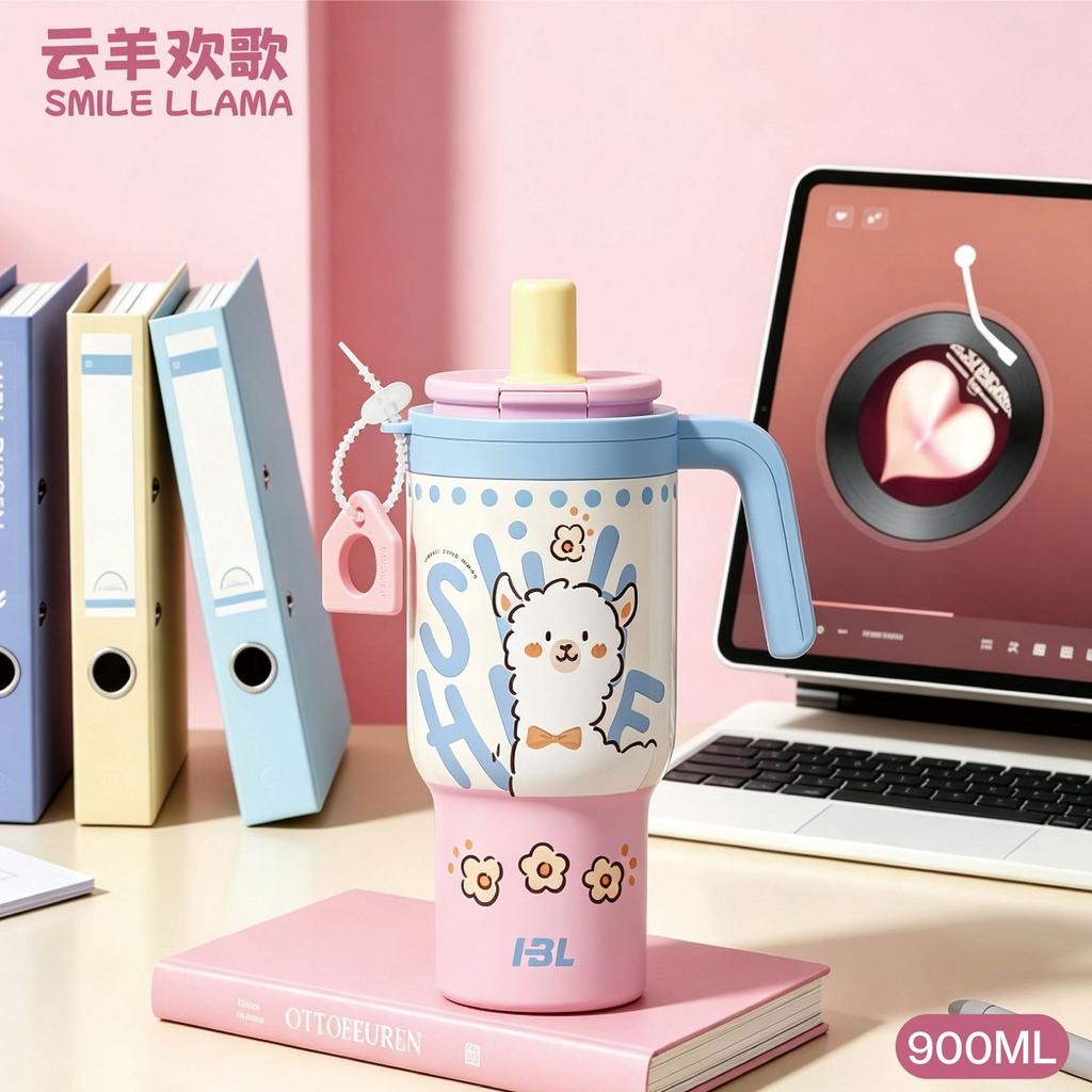 Water bottle Stainless steel thermos cup Male and female students handle straw cup Large capacity ice cup
