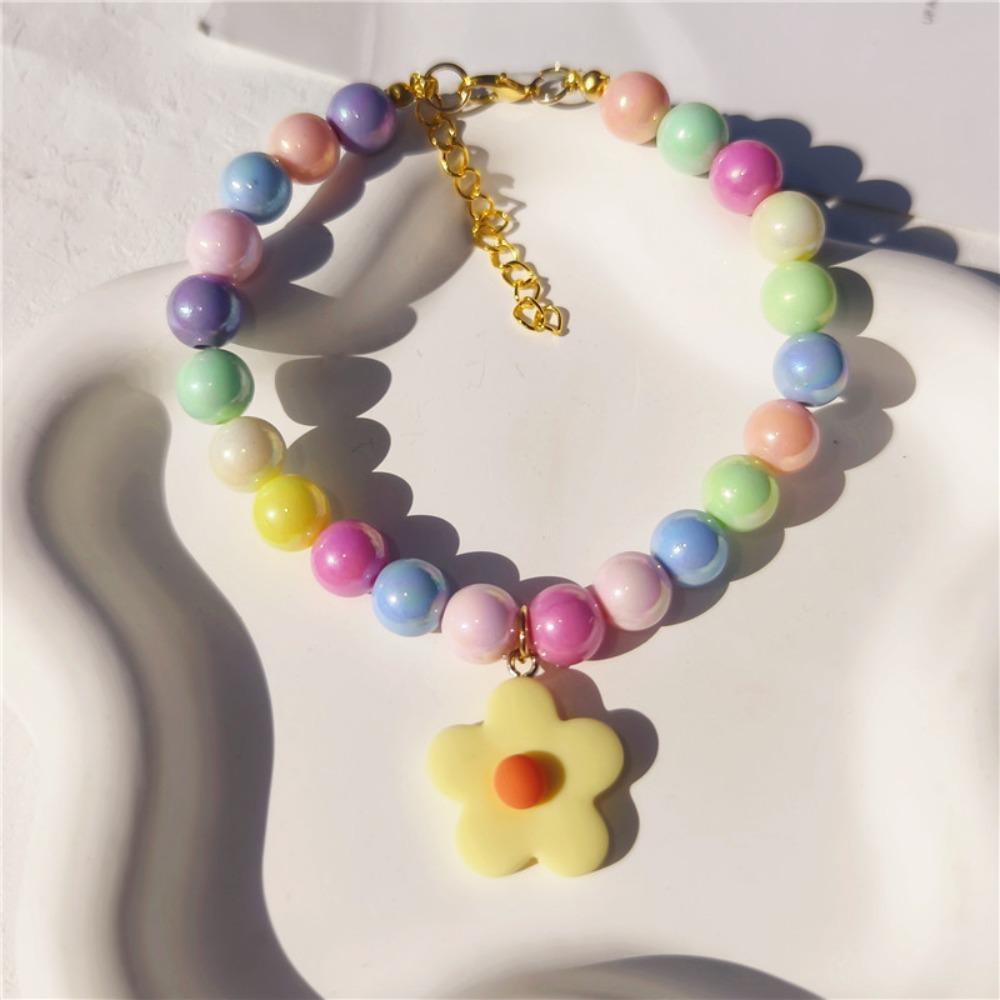 Color beaded pet necklace flower pendant cat dog jewelry decorative collar bell ins same cat