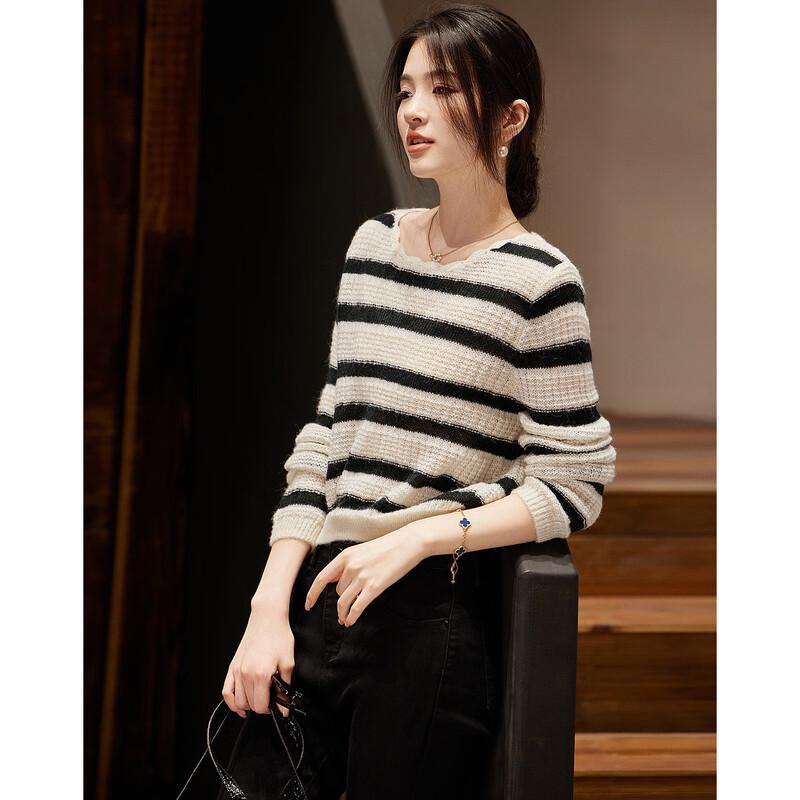 Demana Women's Lamb Wool Blend Ruffled Collar Puff Sleeve Striped Knit Top
