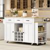 Kitchen island with pull-out worktop, 136(223)x50x93cm mobile kitchen island with 3 drawers, wine rack, socket with USB and 7 casters, white/oak