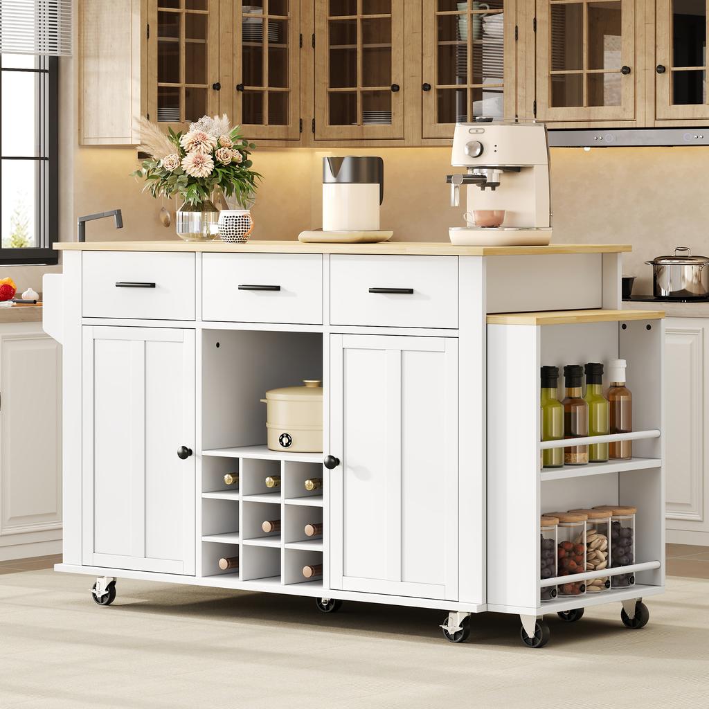 Kitchen island with pull-out worktop, 136(223)x50x93cm mobile kitchen island with 3 drawers, wine rack, socket with USB and 7 casters, white/oak