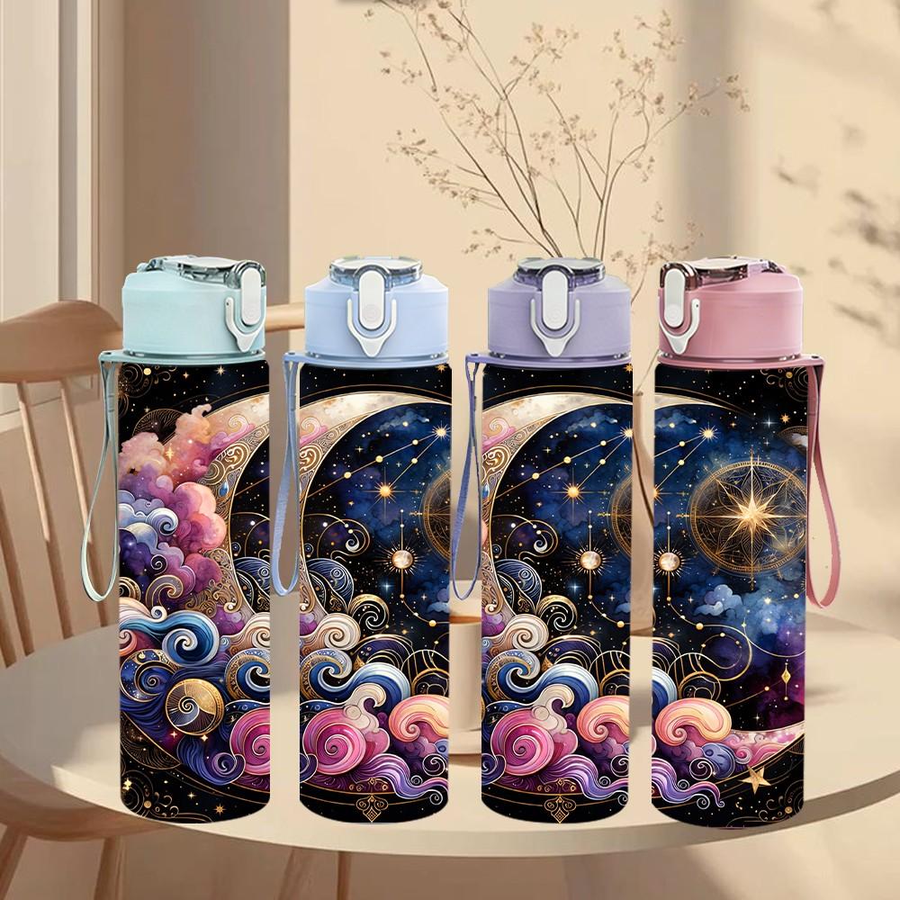 1PC Galaxy Moon Wolf Dream Fantasy Art 750ml Color Plastic Sports Water Bottle Leakproof Flip Straw Lid Suitable for Sports Office Home Use