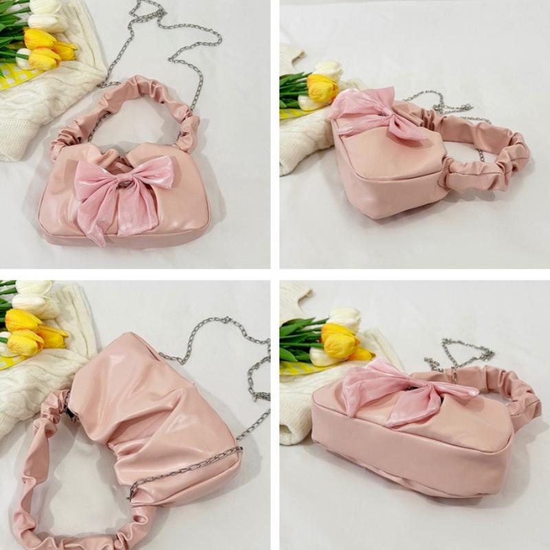 French Sweet Bow Pleated Strap Shoulder Bags for Women Versatile Ladies Chain Crossbody Bag Solid Color Female Pu Handbag Purse