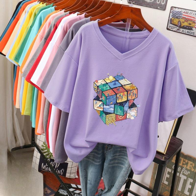 Short-sleeved T-shirt for Women, Large Size, Loose and Slimming, Printed V-neck Top