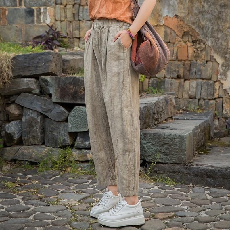 

Johnature Women Vintage Pants Elastic Waist Spring Trousers Pockets Women Casual Ankle Length Pants One Size хакі