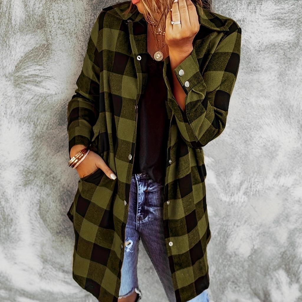 Fall Winter Vintage Plaid Long Sleeve Lapel Women's Loose Casual Shirt Jacket, Leisure Outerwear